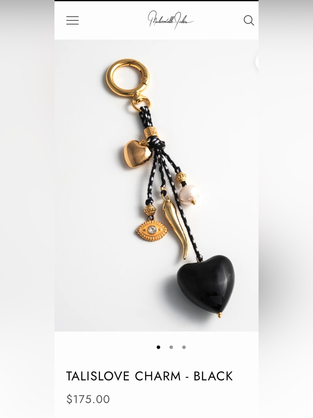 Mademoiselle Jules bag charm, keychain black heart evil eye